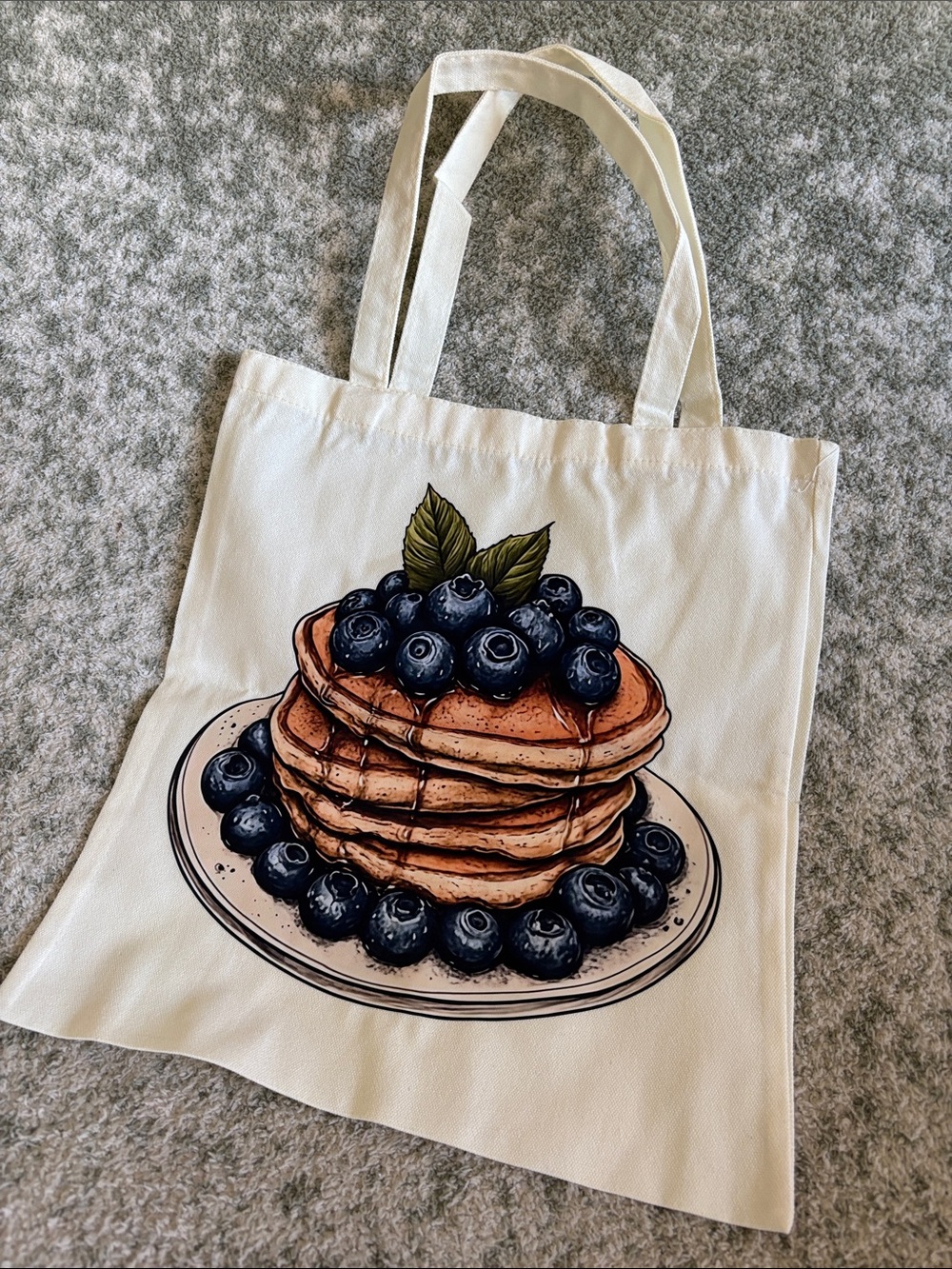 Blueberry Pancakes White Cotton Canvas Tote Bag 1 sided NWT 13.50x15.25”